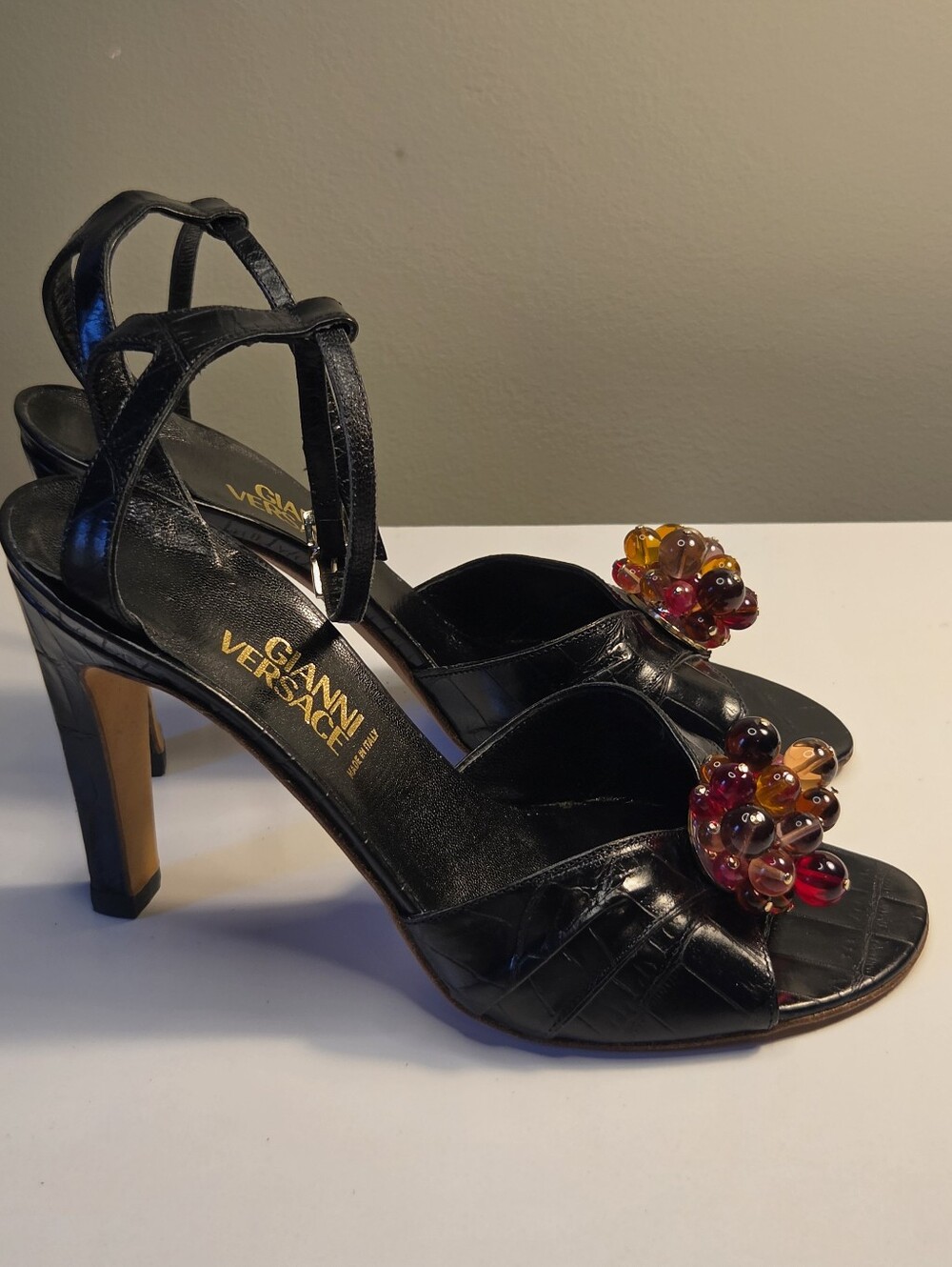 Versace Black Leather Beaded Cluster Heel Sandals Perfection 35 1/2